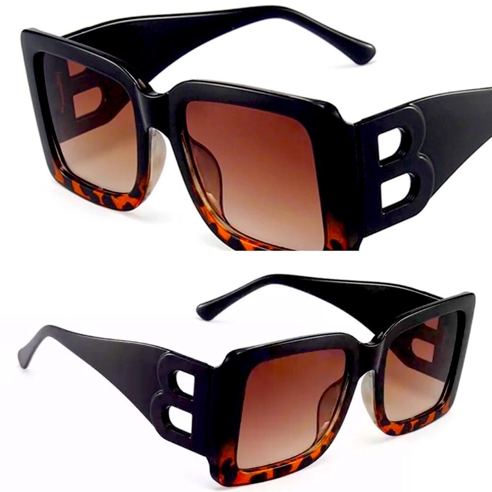Black Leopard with Tea Lens Oversized Big B Square Women Sunglasses Modern Retro